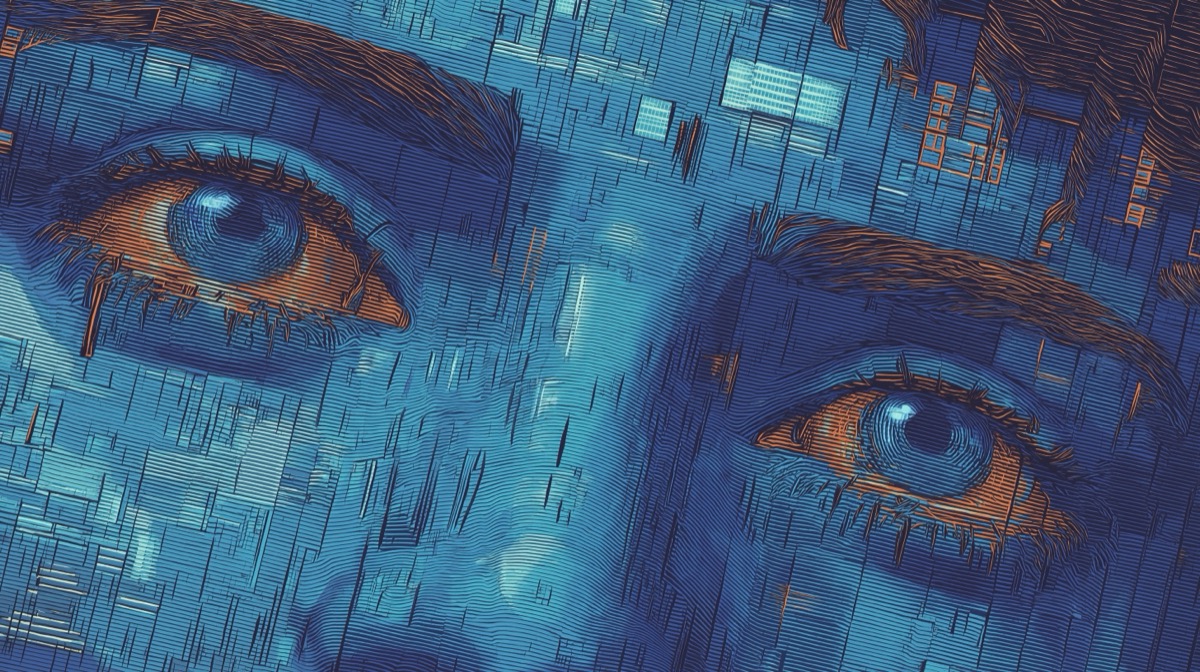 A face with eyes staring forward, in a glitchy, futuristic art style.
