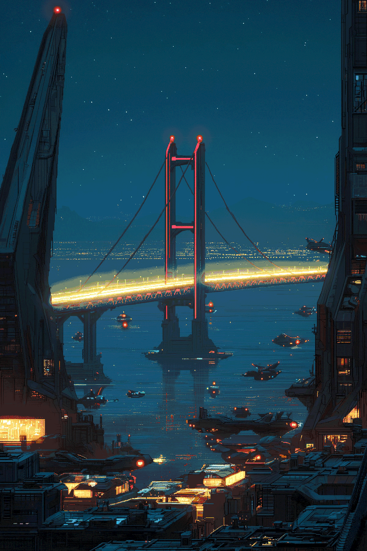 An animated gif of the Golden Gate Bridge in 2049, with futuristic skyscrapers and machines in the foreground.