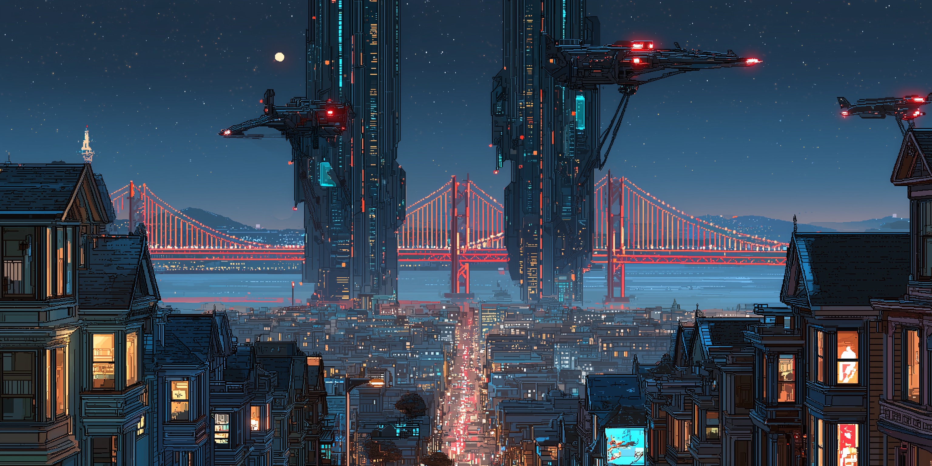 Two massive, futuristic control centers looming over San Francisco, with Victorian houses in the foreground, and the Golden Gate Bridge in the background.